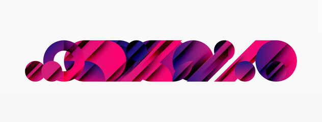 Abstract typography displays vibrant pink, purple hues. Modern design features overlapping shapes, creating dynamic visual effect.