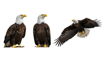 Obraz premium Majestic bald eagles shown in various poses including flight and standing still