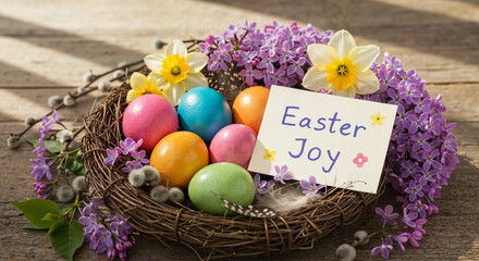 Colorful Easter eggs in a nest with flowers and a joy sign  