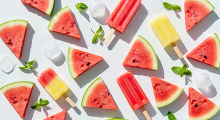Colorful watermelon slices and popsicles on white background  