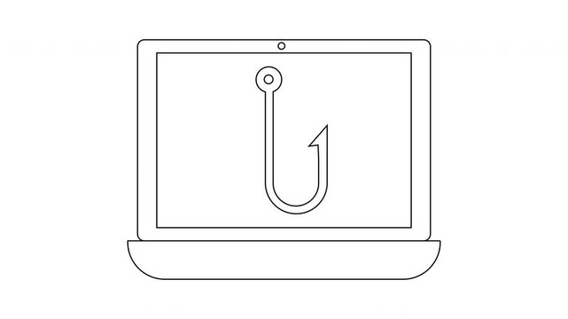 Outline of a laptop with a fishing hook displayed on its screen