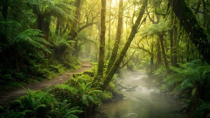 Lush green forest with misty stream and dirt path surrounded by ferns and trees