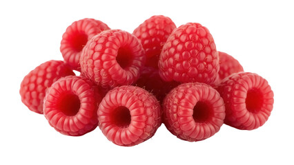 Pile of fresh red raspberries isolated PNG on transparent background, delicious and healthy fruit for dessert and snack