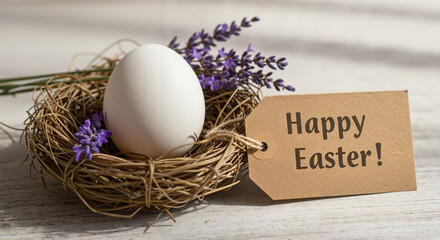 Easter egg nestled in a straw nest with lavender flowers and tag  