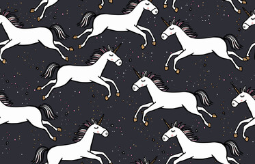Seamless Pattern with Cute Colorful Magic Unicorn. Cute Print Design for Textile, Fabric, Greeting Cards, Party Invitations Design, Kids, Gift Paper. Vector Illustration