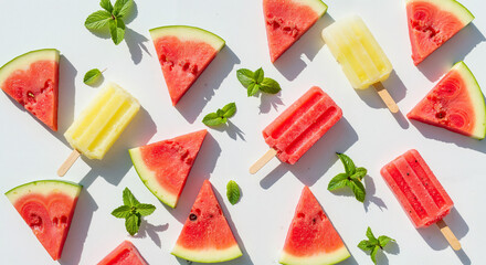 Colorful watermelon slices and popsicles with mint leaves on white background  
