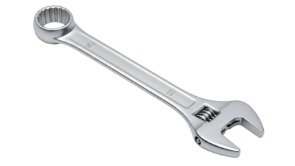 Chrome finished adjustable wrench with 19 mm and 30 mm markings isolated on a transparent background