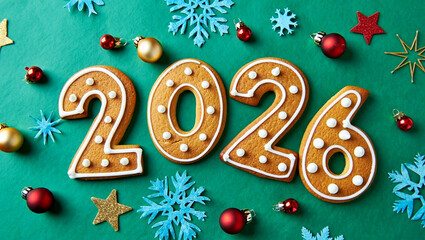 New Year 2026 celebration concept with gingerbread number cookies on a green background with blue snowflakes and ornaments