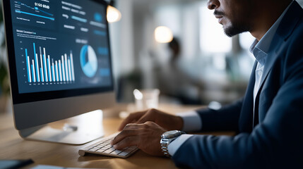 Faceless analyst using computer dashboard for data analysis, management system and customer database, information reporting, data science technology digital marketing, with copy space