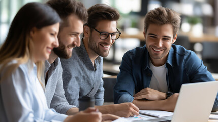 Modern office collaborative team meeting focused on digital marketing, professionals engaged in discussion, business analytics presentation, strategy development session, with copy space