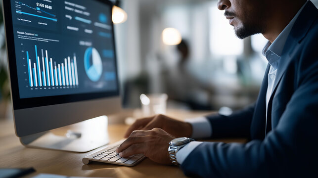 Faceless analyst using computer dashboard for data analysis, management system and customer database, information reporting, data science technology digital marketing, with copy space - Powered by Adobe