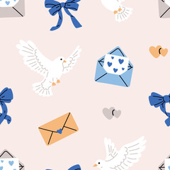 Seamless romantic pattern with white doves, love letters, bows and hearts. Soft flat vector illustration for wedding stationery, invitations, greeting cards, Valentine designs and love themed backgrou