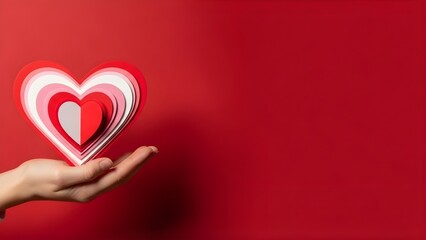 Hand holding a layered 3D paper heart on a red background with copy space, Valentine's Day and creative love concept.