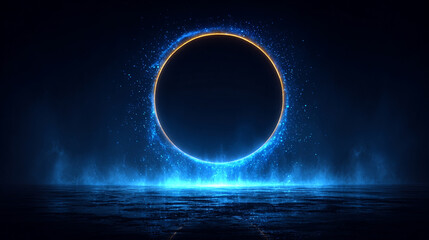 Radiant blue particle corona forming a bright circular glow with twirling sparkling dust, evoking a magical portal, futuristic energy, or high-tech abstract design concept.
