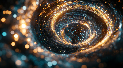 Circle of glittering particles forming an abstract black hole, creating a dynamic, luminous, and mysterious visual effect ideal for digital art, cosmic designs, and futuristic concepts.