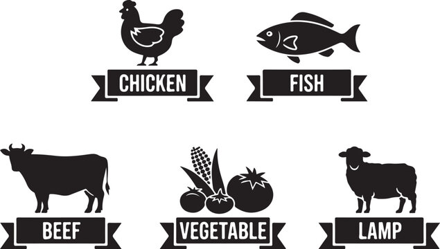 Food icons with animal silhouettes and banner labels for pork chicken fish beef