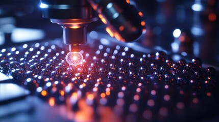 An atomic force microscope arranging individual atoms into a perfect lattice, the probe tip emitting a faint beam of light as it precisely places each glowing sphere, extreme 
