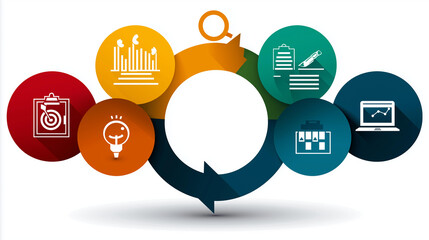 Content marketing cycle concept diagram, strategic planning visualization, promotional workflow imagery, business development process, cyclical strategy representation, with copy space