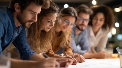 Creative managers crew working with new startup project, team brainstorming in office, collaborative business development, entrepreneurial planning session, with copy space