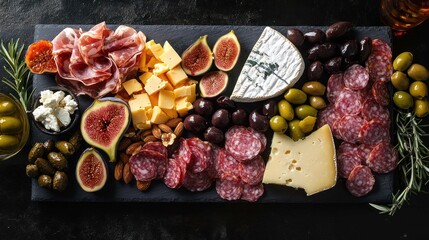 An elaborate charcuterie and cheese board on a dark slate platter, featuring a variety of artisanal cheeses, cured meats, olives, figs, and nuts, gourmet food styling, dramatic lighting, rich colors, 