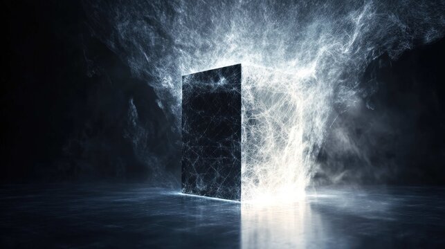 An AI 'black box' being opened, revealing not wires but an impossible, shimmering, multidimensional fractal space within, light and data pouring out, symbolizing the mystery of complex algorithms.  - Powered by Adobe