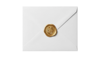 Elegant white envelope with golden lion wax seal isolated PNG, luxury stationery for invitations and special announcements on transparent background