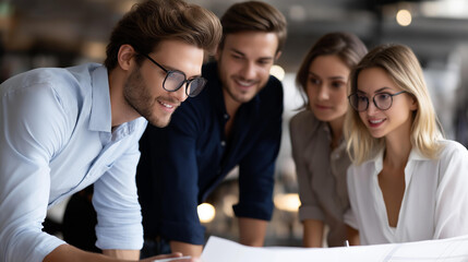 Group of young business people and designers working on new project, startup concept collaboration, creative team development, entrepreneurial workspace scene, with copy space