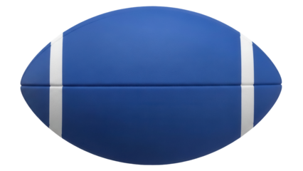 Blue American football isolated PNG, sports equipment for team games and training on transparent background, oval ball with white stripes
