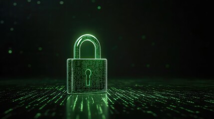 glowing, complex digital padlock icon floating in front of a background of streaming green matrix code, symbolizing cybersecurity and encryption, dramatic backlighting, volumetric haze, 