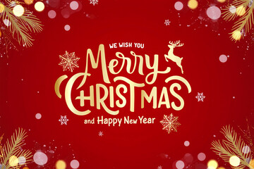 Elegant Merry Christmas and Happy New Year Gold Typography on Festive Red Background with Bokeh Lights
