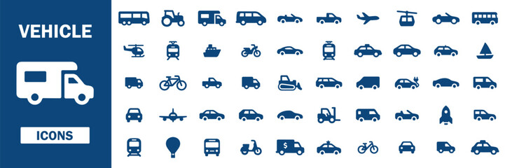 Vehicle icon set with car, bus, truck, taxi, bicycle, motorcycle, train, airplane and ship symbols. © MDOMAR