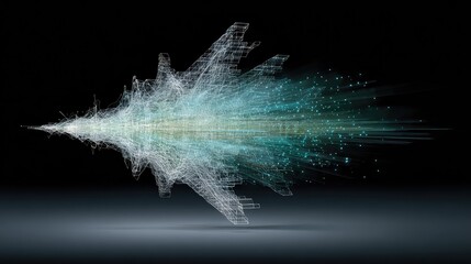 Holographic blueprint of a complex jet engine, floating in mid-air, glowing cyan lines and data points, engineering precision, dark minimalist background 
