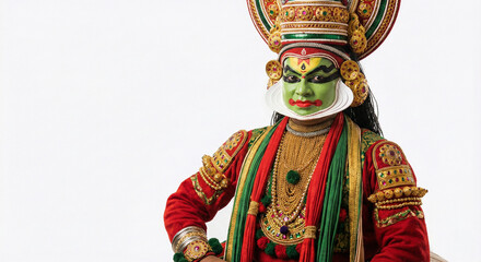A hyper-realistic studio photograph of a traditional Kerala Kathakali dancer standing against a pure white background. 