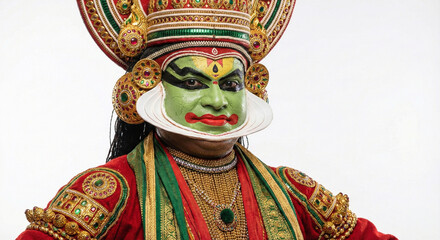 A hyper-realistic studio photograph of a traditional Kerala Kathakali dancer standing against a pure white background. 