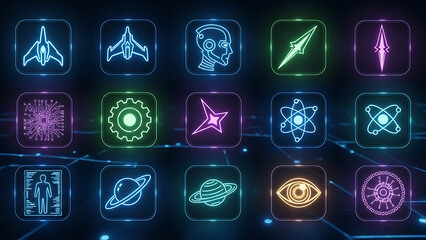 Glowing Neon Sci-Fi Icons Grid: Exploring Futuristic Technology, AI, Space, and Scientific Concepts