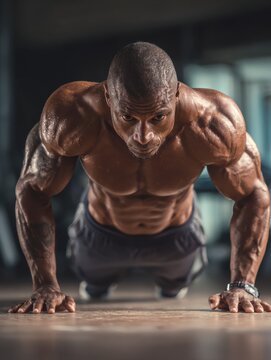 muscular bodybuilder guy doing push ups in gym no logos no brands ar 34