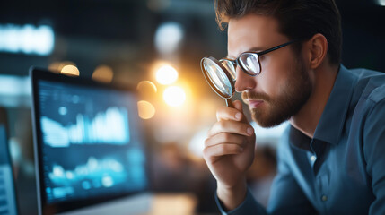 Focused businessman analyzing data on computer screen, website analytics study, search engine optimization strategies, digital metrics examination for business performance, with copy space