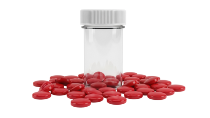 Red pills spilling from a clear plastic bottle isolated on transparent background, medication for health and wellness in PNG format