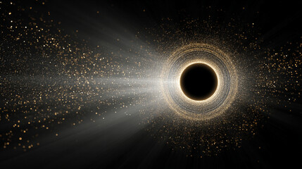 Circle of glittering particles forming an abstract black hole, creating a dynamic, luminous, and mysterious visual effect ideal for digital art, cosmic designs, and futuristic concepts.