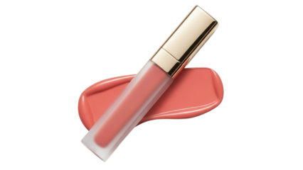 Peach lip gloss with applicator isolated PNG on transparent background, makeup product for beauty and cosmetic use