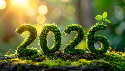 2026 New Year Celebration Concept with Nature and Golden Style &ndash; Green Moss Numbers and Festive Background art
