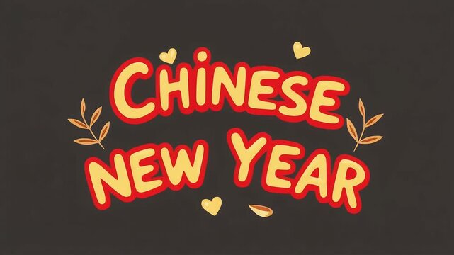 Chinese new year greeting with hearts and leaves, perfect for holiday designs, posters, cards, social media posts, and festive decorations.