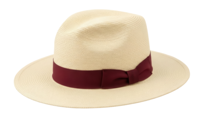 Elegant Panama hat with maroon ribbon isolated PNG, classic summer headwear for sun protection and stylish fashion accessory