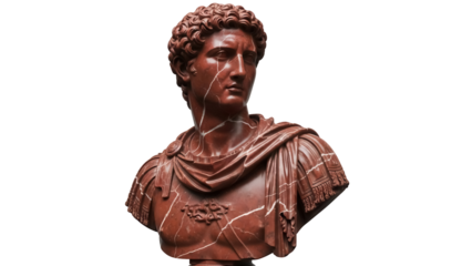 Red marble bust of Roman emperor isolated PNG on transparent background, ancient sculpture art for historical design projects