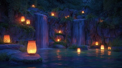 serene night garden with glowing lanterns and cascading waterfall tranquil landscape background for relaxation meditation and fantasy nature themes