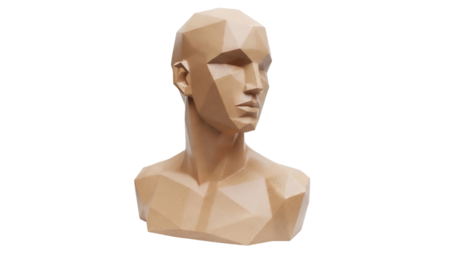 Geometric human bust isolated PNG, polygonal mannequin head and torso on transparent background, 3D rendering for art reference and design - Powered by Adobe