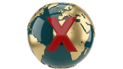 Globe with red X isolated PNG on transparent background, symbol of rejection or denial for global issues and environmental concerns