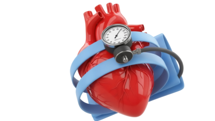 Red heart with blood pressure monitor isolated PNG on transparent background, cardiovascular health concept for medical and educational use