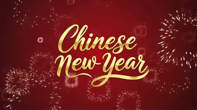 Golden chinese new year text on red firework background suitable for festive designs, invitations, cards, social media posts, banners, and decorations.