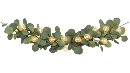 Isolated decorative eucalyptus garland with lights, festive holiday decoration, table centerpiece